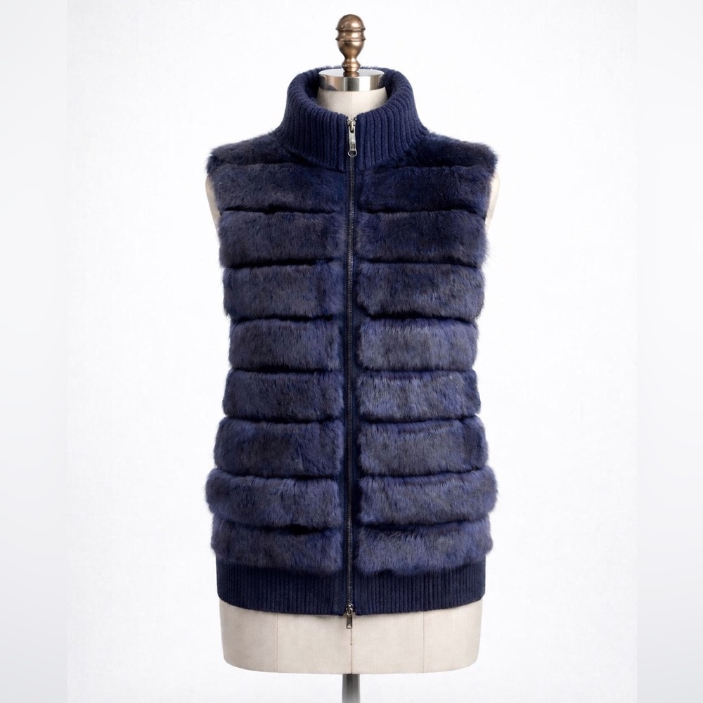 Sherry Cassin New York Midnight Blue Rabbit Fur Vest Size Medium